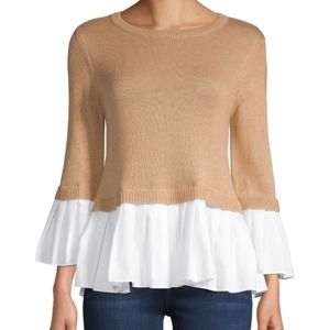 ENGLISH FACTORY MIXED MEDIA TAN / WHITE PLEATED LAYERED LOOK SWEATER